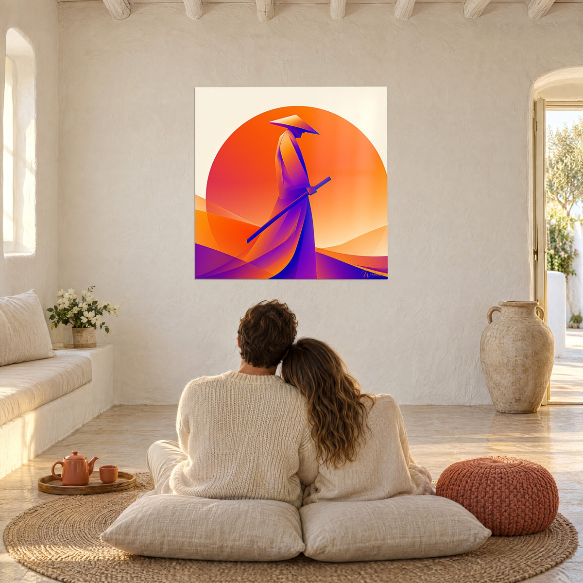 Tableau combattant solitaire, disque orange flamboyant sur fond crème, robe violette, face à un couple assis sur des coussins blancs