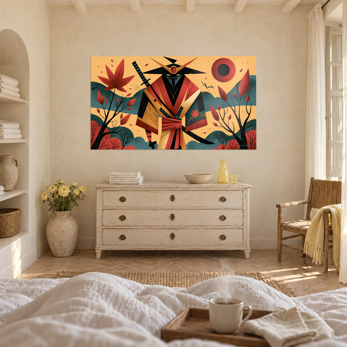 Wall art of a masked ronin with a red sash, ochre sky and vermilion foliage, above a bed in a light bedroom