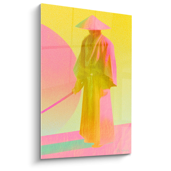 Tableau Guerrier chapeau conique jaune et rose sabre traînant au sol - Disque solaire pastel - Edition Samouraï