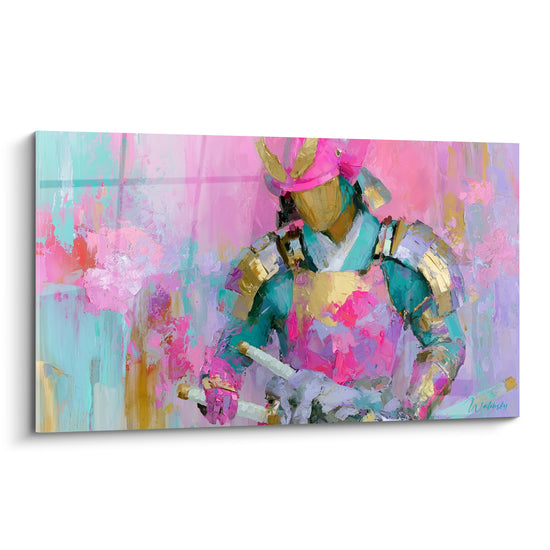 Samouraï en armure rose et turquoise, casque doré, peinture au couteau texturée et vibrante