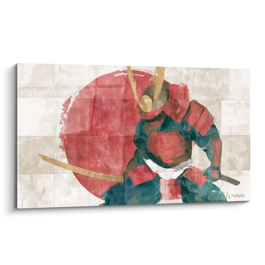 Tableau Guerrier rouge et sarcelle au fourreau blanc - Fond quadrillé beige craquelé - Edition Samouraï