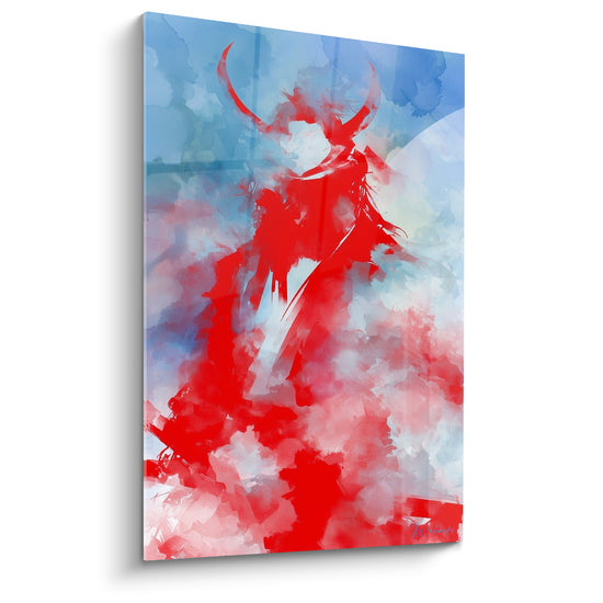 Tableau Guerrier écarlate et bleu ciel sous lune pâle - Casque à cornes recourbées - Edition Samouraï