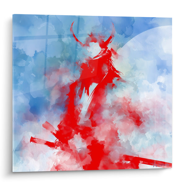 Tableau Guerrier rouge et bleu aux cornes acérées - Nuages aquarelle éclatants - Edition Samouraï