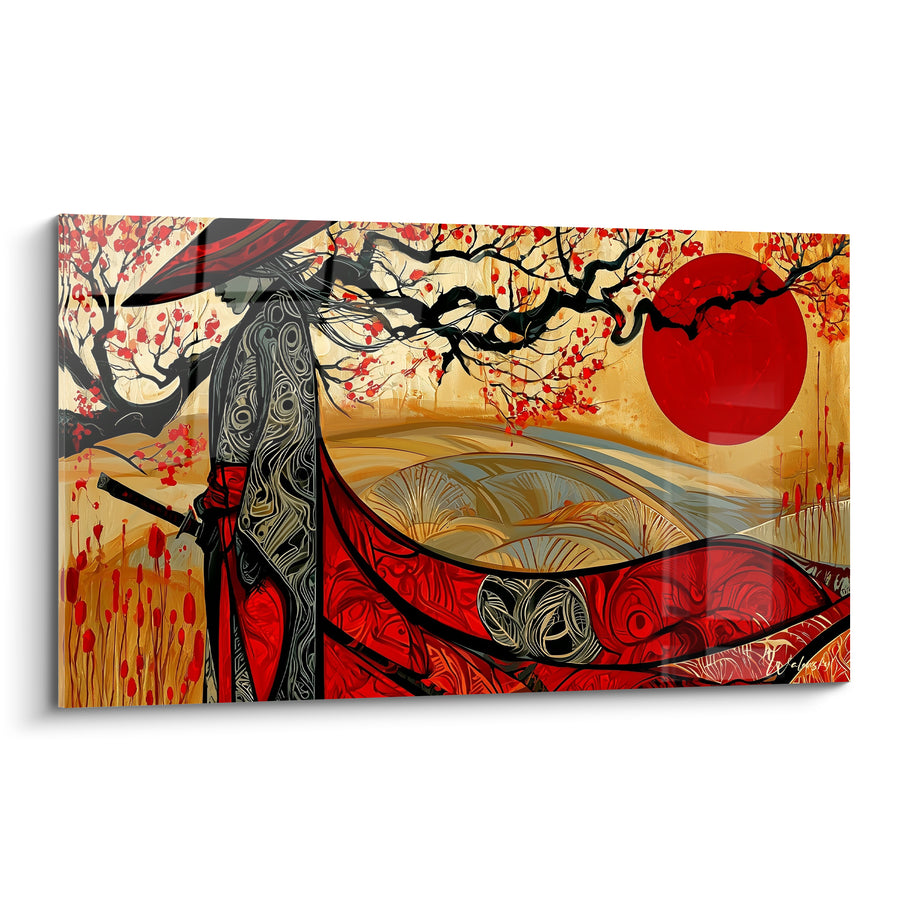 Tableau Guerrier rouge et doré sous cerisier fleuri - Disque solaire et roseaux - Edition Samouraï