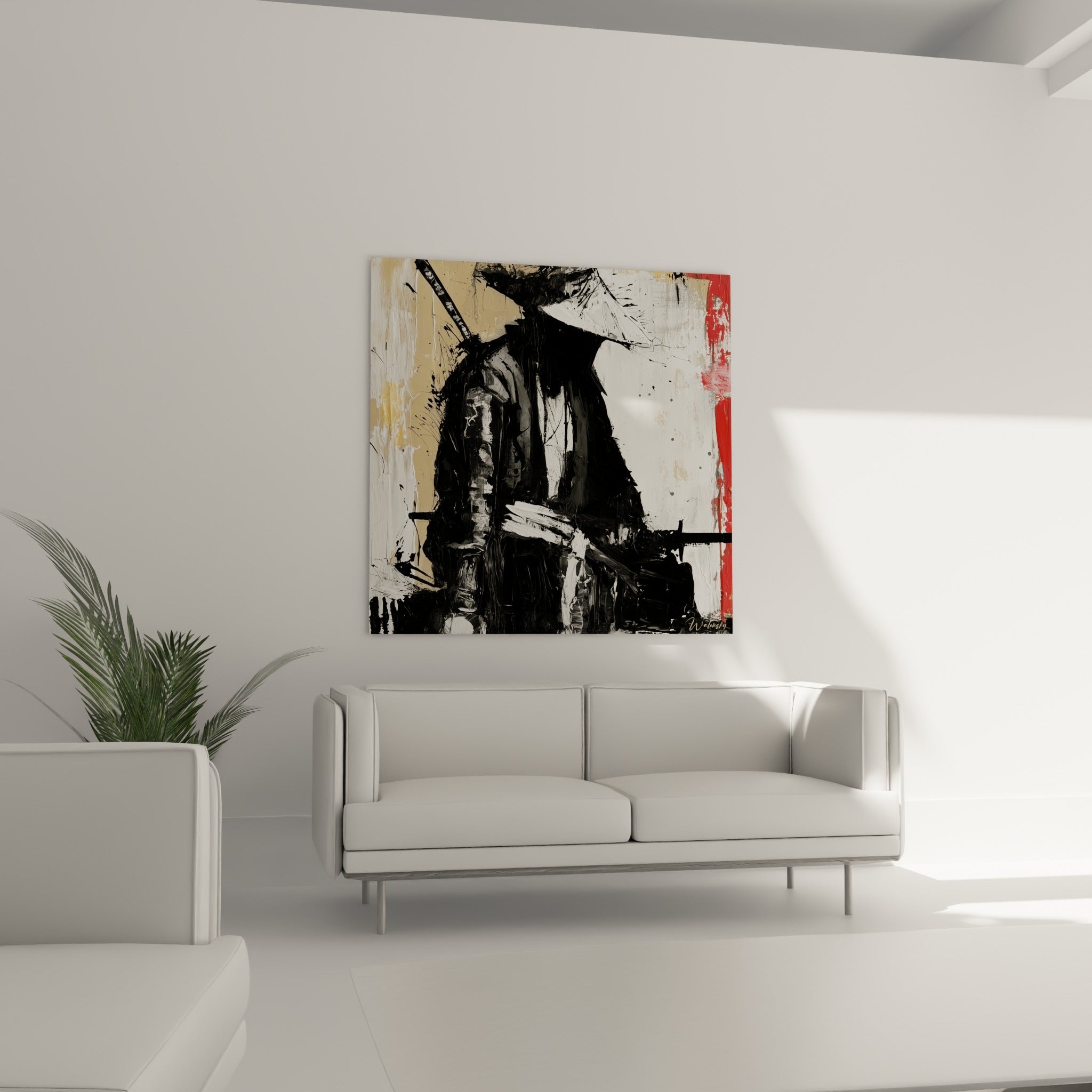 Silhouette sombre du Samouraï au chapeau blanc éclaboussé, œuvre placée au-dessus d'un canapé dans un salon lumineux
