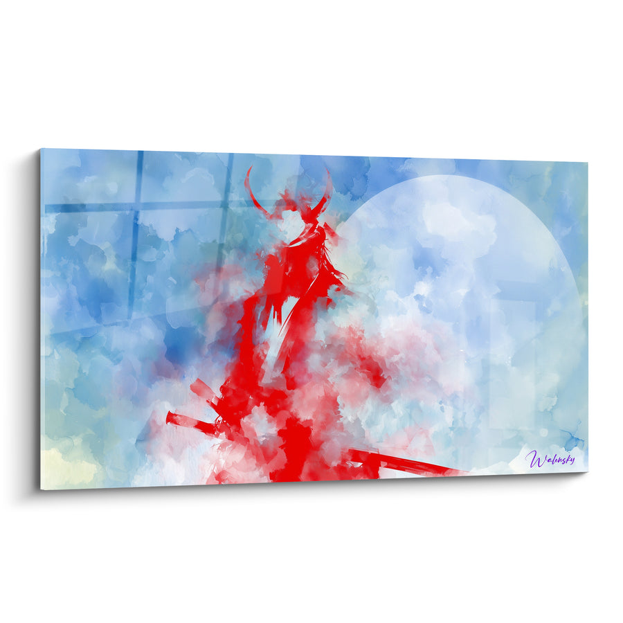 Tableau Guerrier rouge et bleu devant lune pâle - Cornes recourbées écarlates - Edition Samouraï