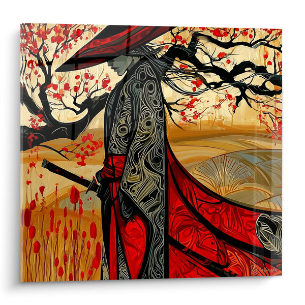 Tableau Samouraï en armure rouge et noire sous cerisier - Silence avant l'assaut - Edition Samouraï