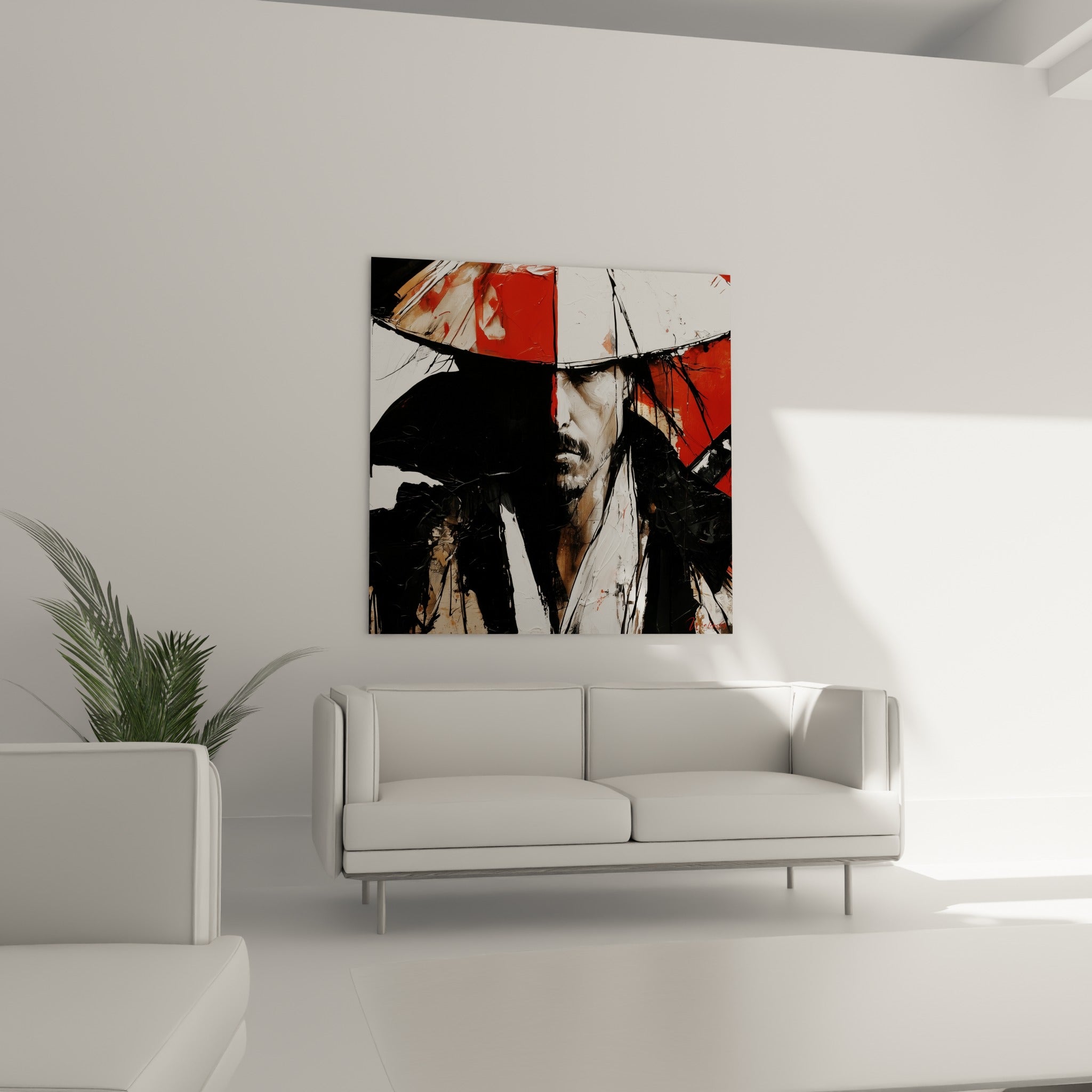 Samouraï au regard concentré, tons noirs et rouges vifs, au-dessus d'un canapé dans un salon lumineux