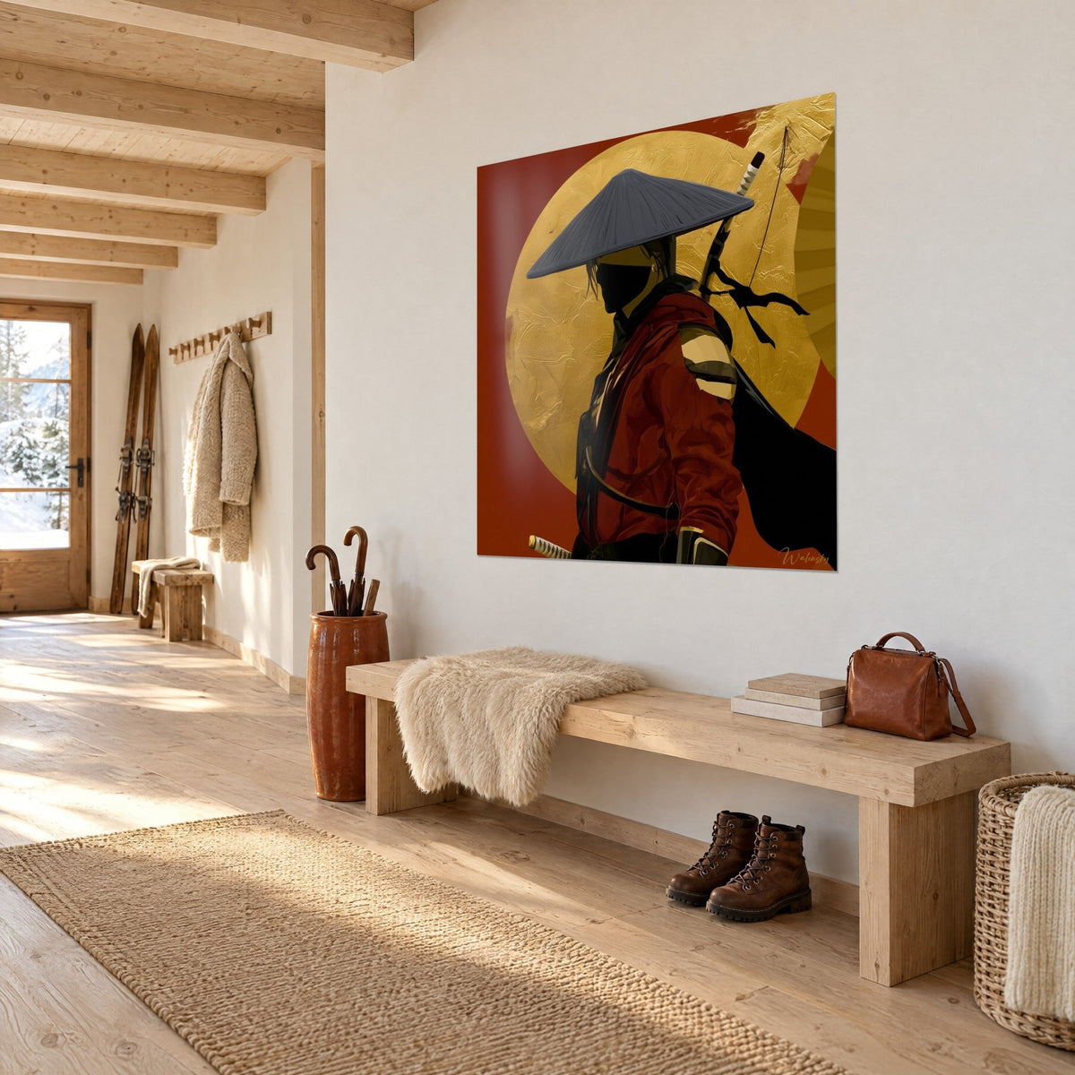 Gemälde eines Kriegers mit schwarzer Silhouette unter einem Strohhut, goldene Sonne und ziegelroter Hintergrund, Flur aus hellem Holz im Chalet