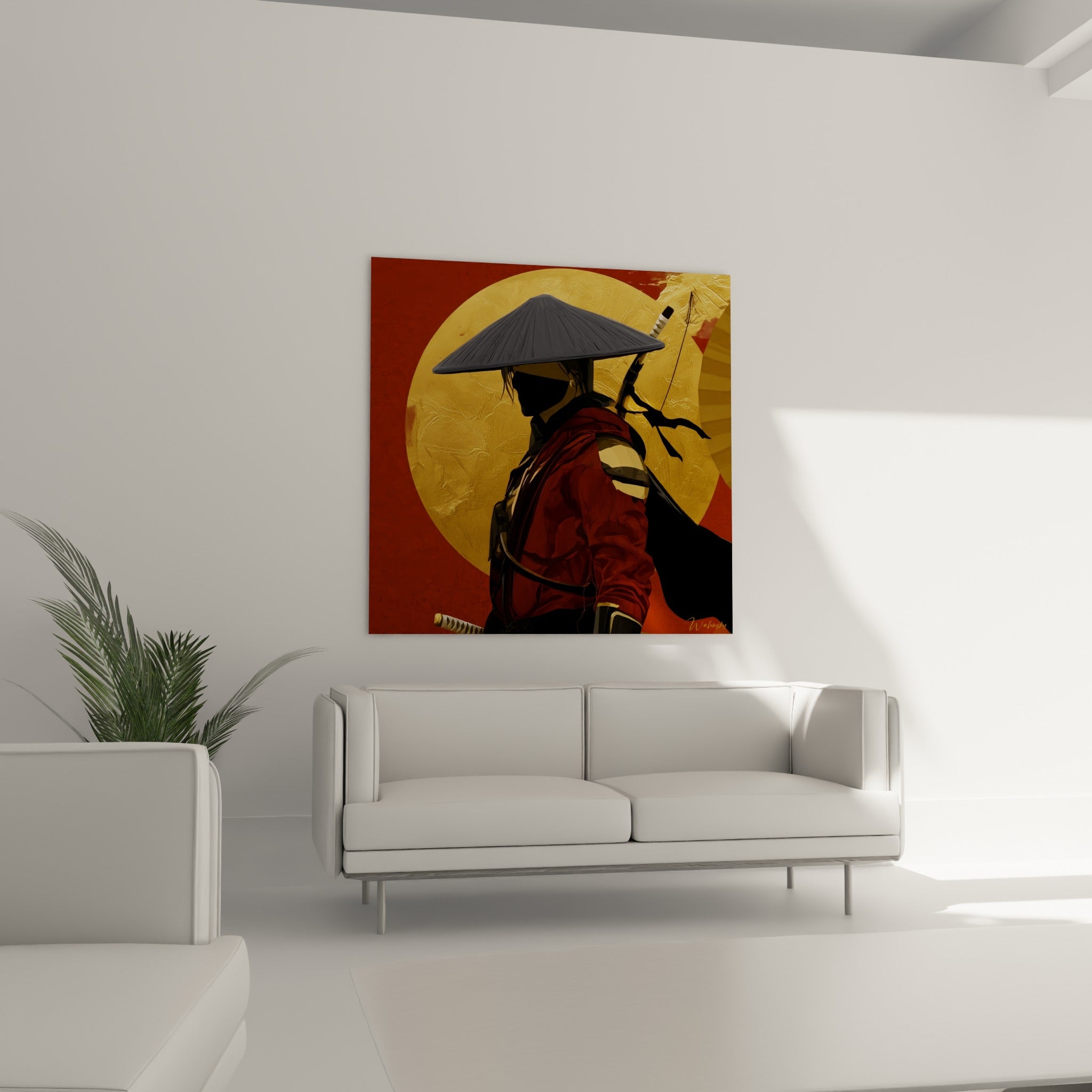 Samouraï au chapeau conique anthracite et disque doré, au-dessus d'un canapé dans un salon lumineux