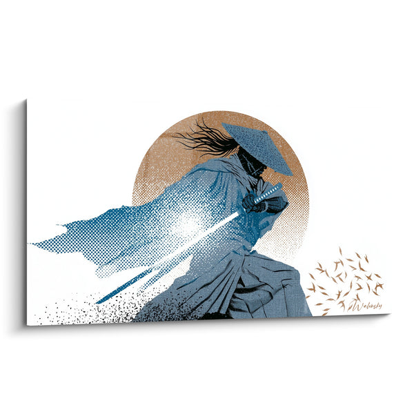 Tableau Guerrier bleu et ocre au manteau se dissipant - Oiseaux en volée - Edition Samouraï