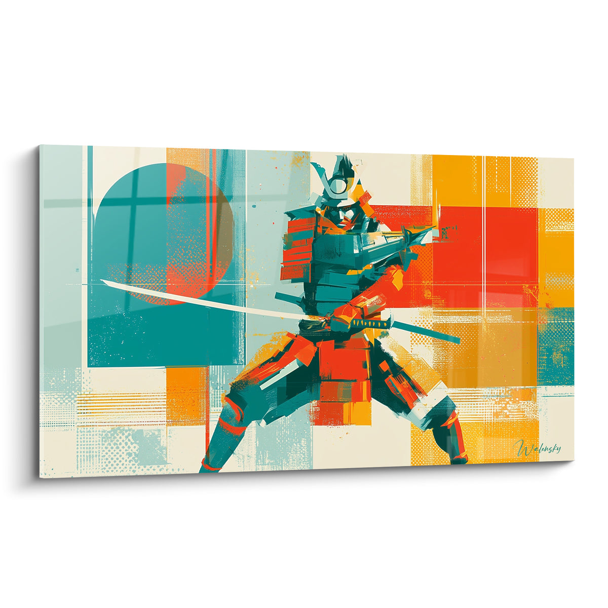 Samouraï en garde, sabre blanc dégainé, armure bleu sarcelle et terracotta sur fond orangé graphique