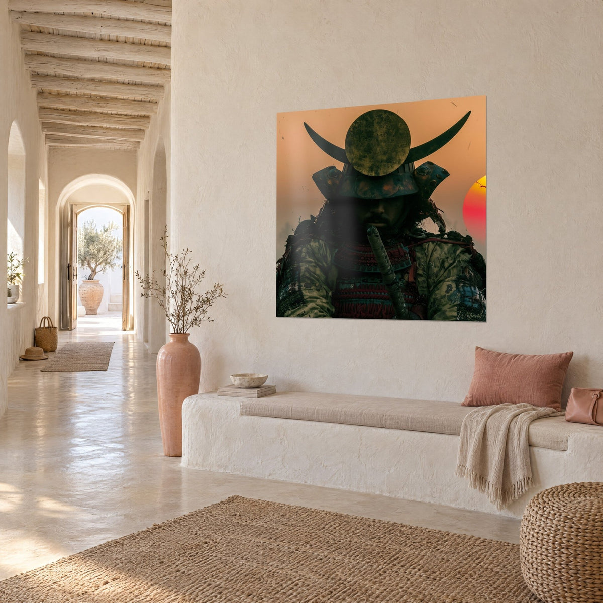 Schilderij krijger met een gepatineerde bronzen maan, mosgroene harnas en rode veters, driekwartaanzicht in een witte gewelfde gang