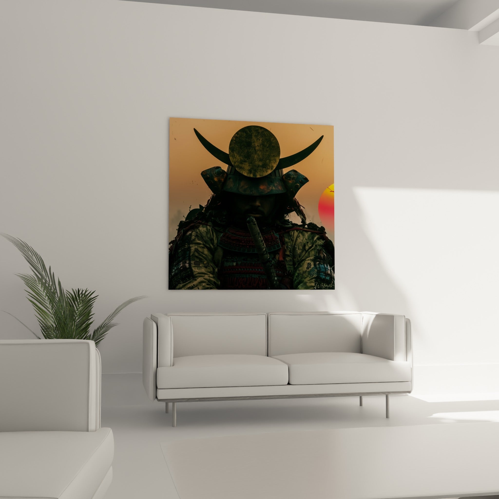Samouraï au casque anthracite et ocre, sabre contre les lèvres, au-dessus d'un canapé dans un salon lumineux