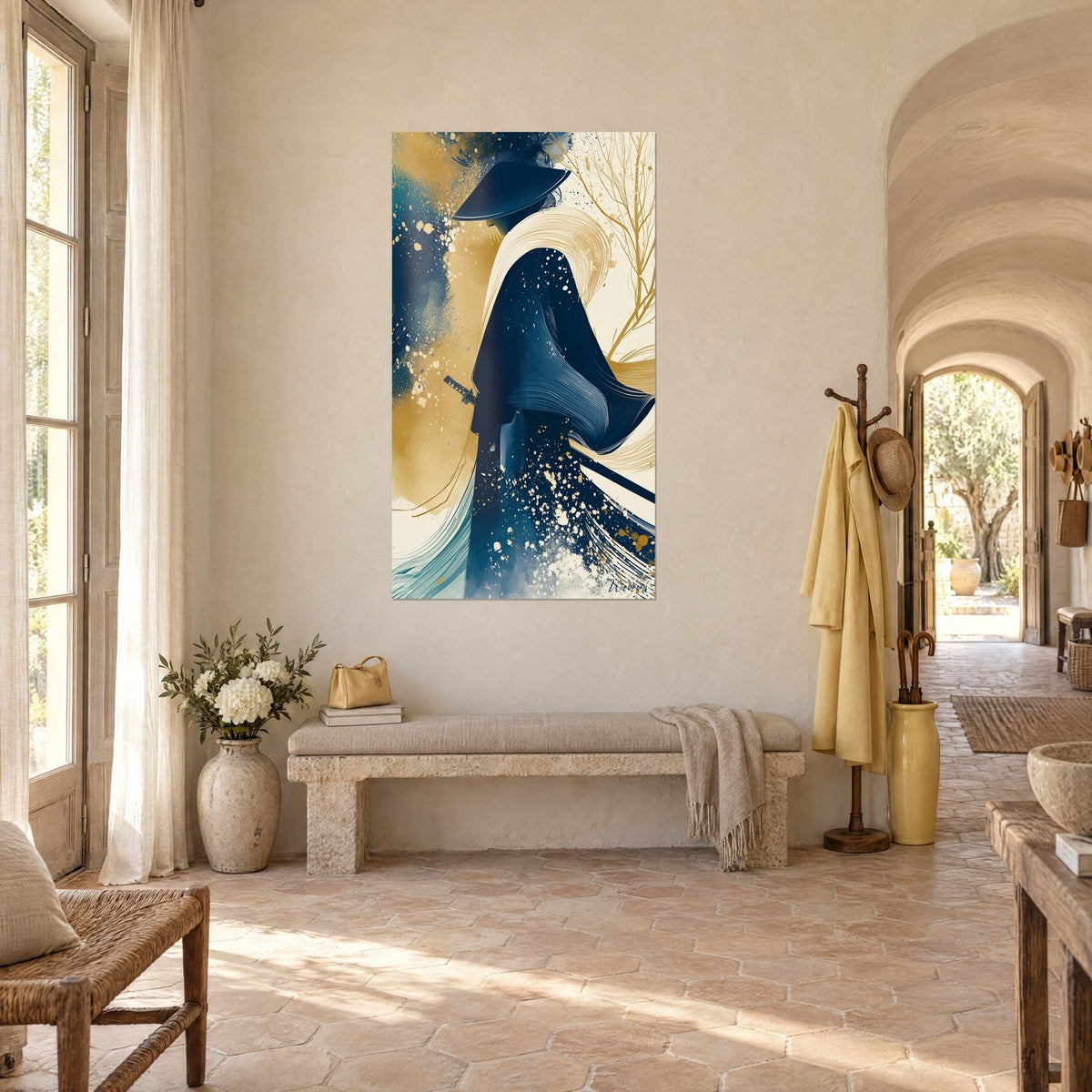 Wall art of a samurai in profile, wide indigo hat, cream and gold splashes, katana at the hip, on an entrance wall of vaulted stone