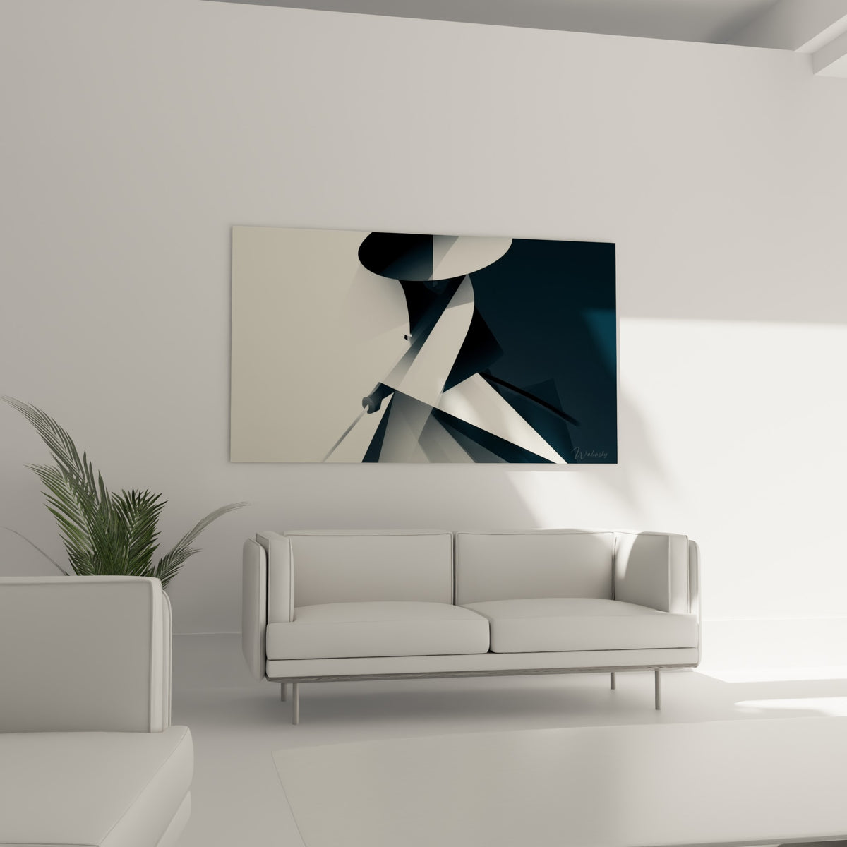 Silhouette fragmentée du samouraï en tons bleu marine et blanc cassé, au-dessus d'un canapé dans un salon lumineux