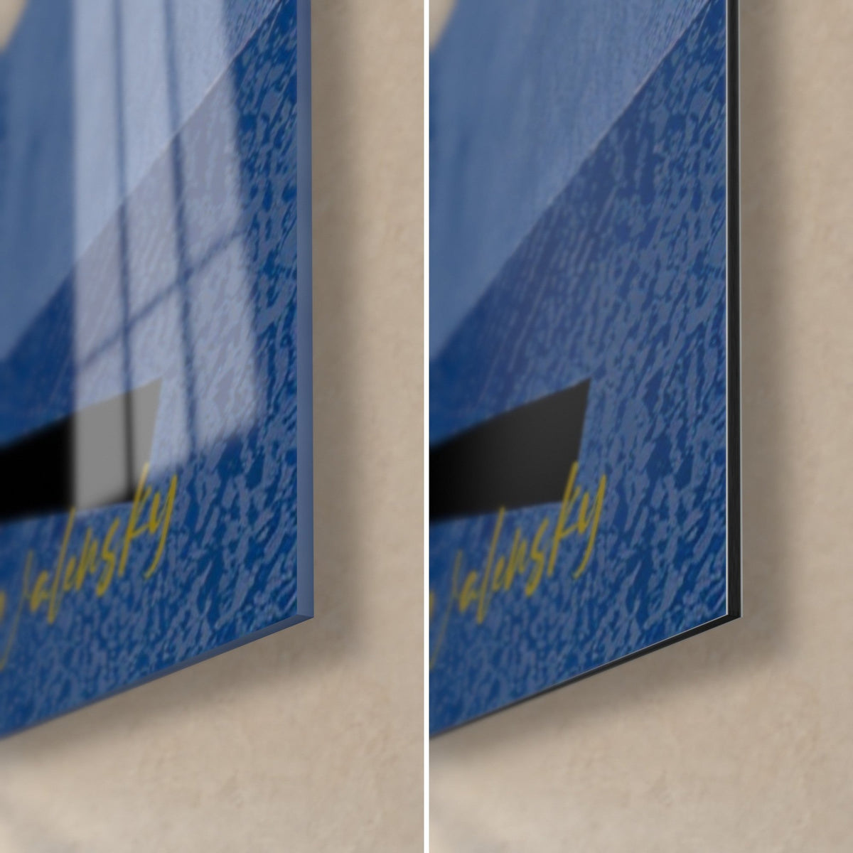 Cuadro de un samurái azul noche, grosor de 3 mm, metacrilato brillante que refleja la ventana a la izquierda, Dibond mate a la derecha