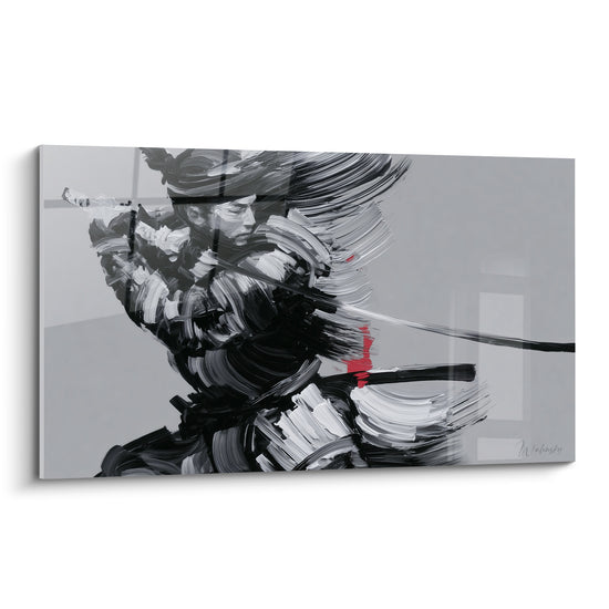 Samouraï casqué au sabre tendu, peinture texturée noir, blanc et touche rouge sang