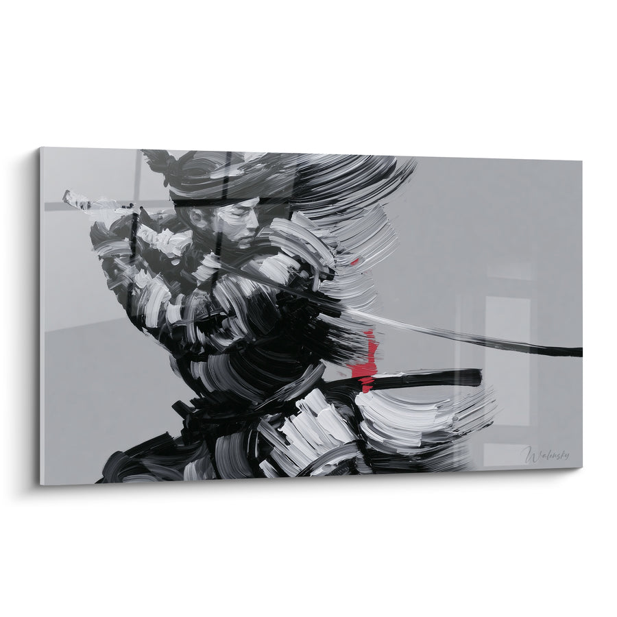 Tableau Guerrier noir et blanc à la lance tendue - Empâtement fougueux au pinceau - Edition Samouraï