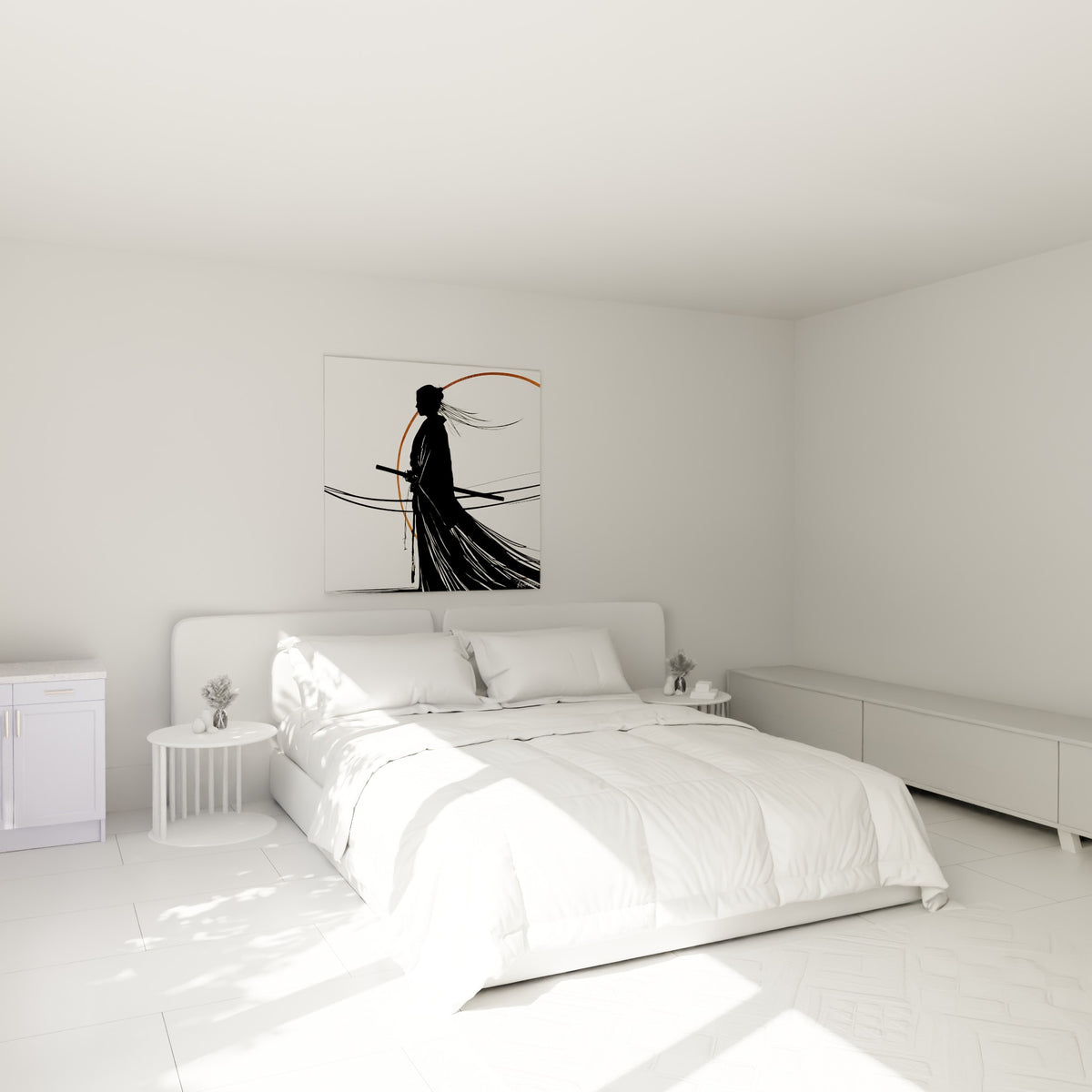 Guerrier Samouraï noir et orangé au sabre, cheveux au vent, au-dessus d'un lit dans une chambre claire