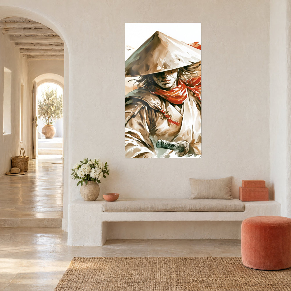 Wall art of a samurai under a wide ochre straw hat, scarlet scarf, katana in the foreground, white wall of a villa