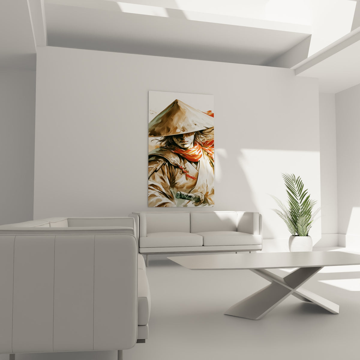 Personnage Samouraï au sabre visible, tons beige et brun, disposé au-dessus d'un canapé dans un salon lumineux