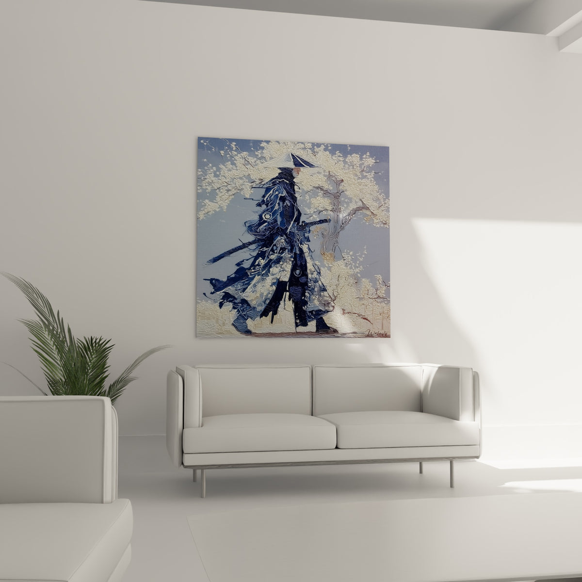 Sabres et armure anthracite sous pétales blancs, au-dessus d'un canapé dans un salon lumineux.
