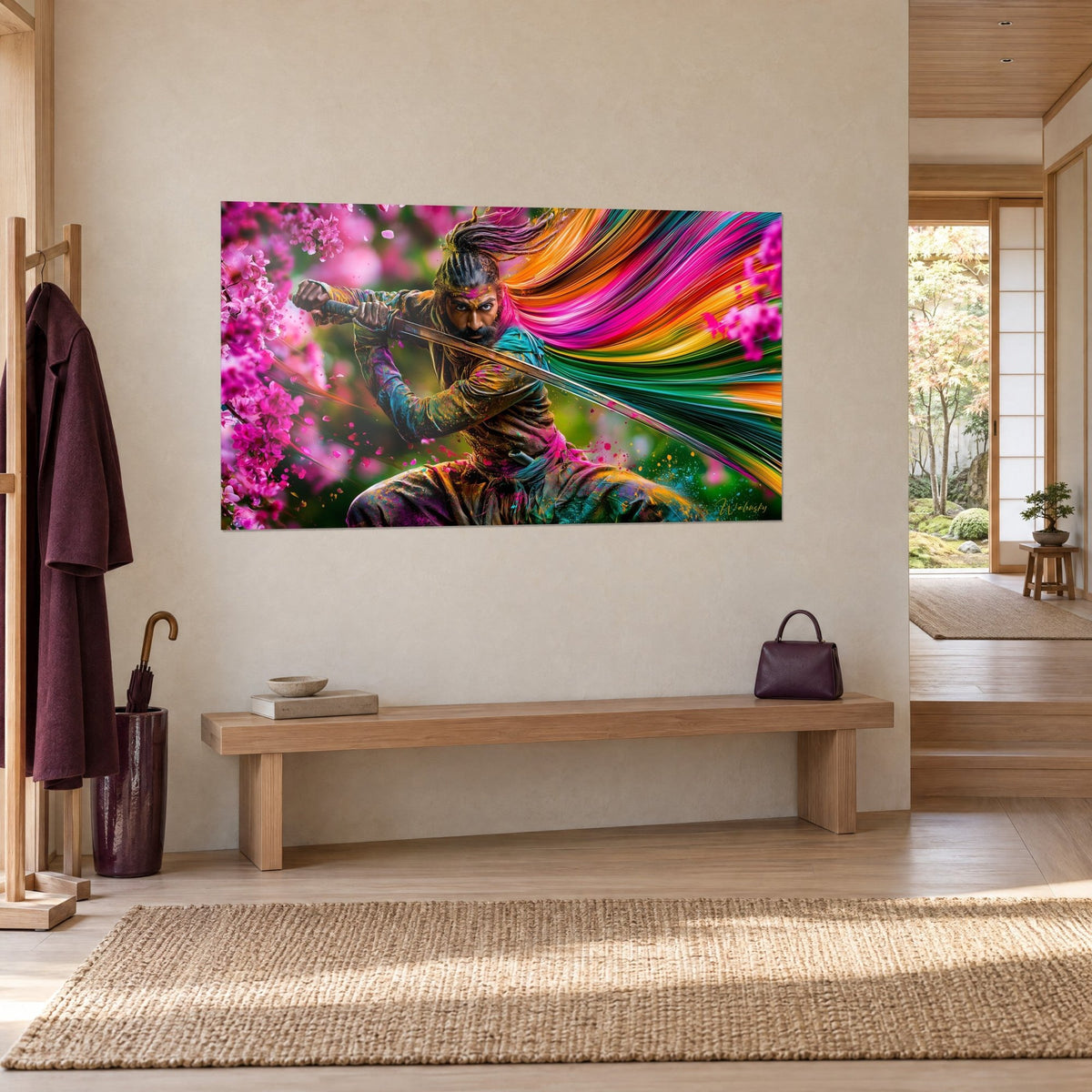 Wall art of a samurai in low guard stance, long turquoise and golden hair, fuchsia petals, hung in a japandi entrance in light wood