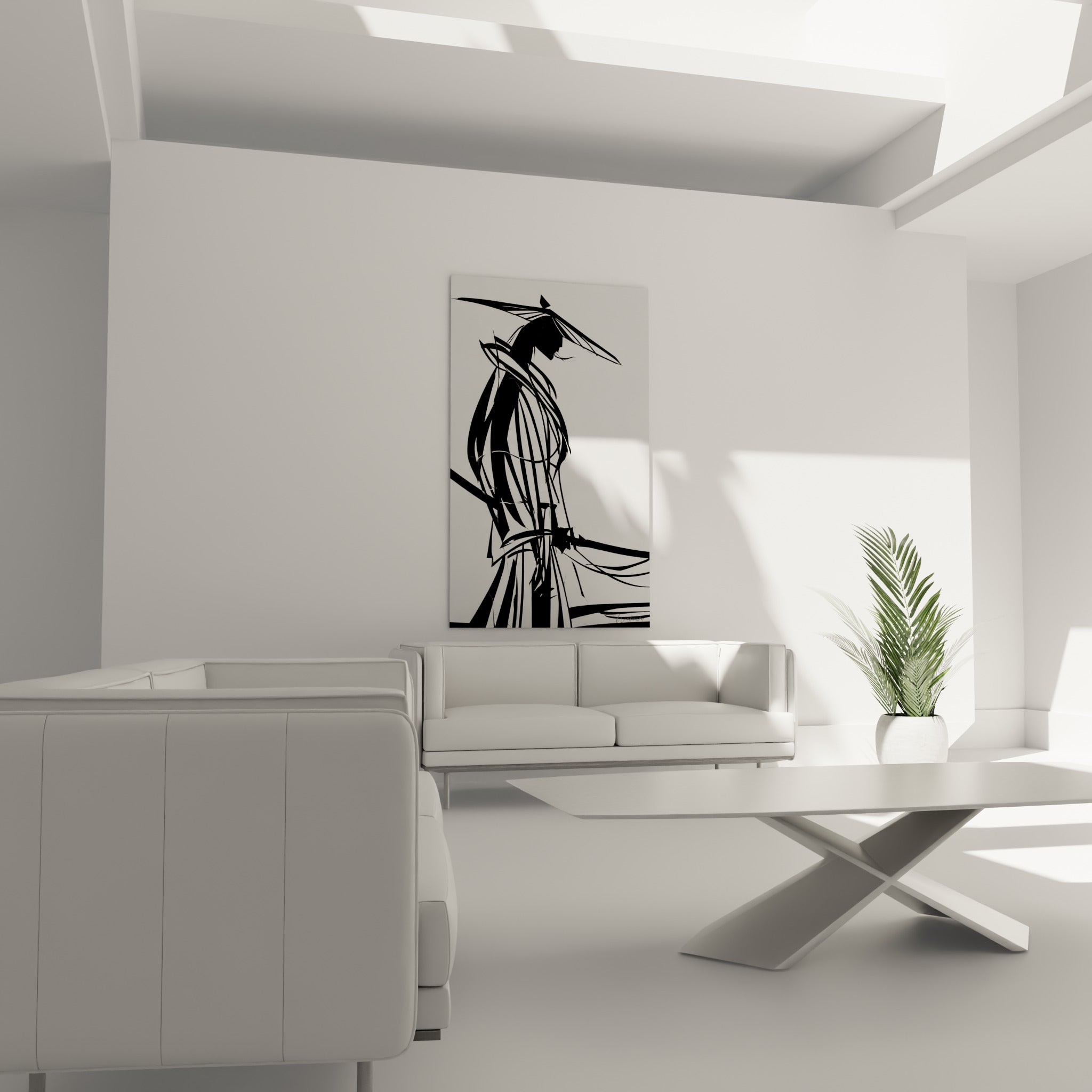Samouraï anthracite au sabre, traits effilés sur fond blanc, au-dessus d'un canapé dans un salon lumineux