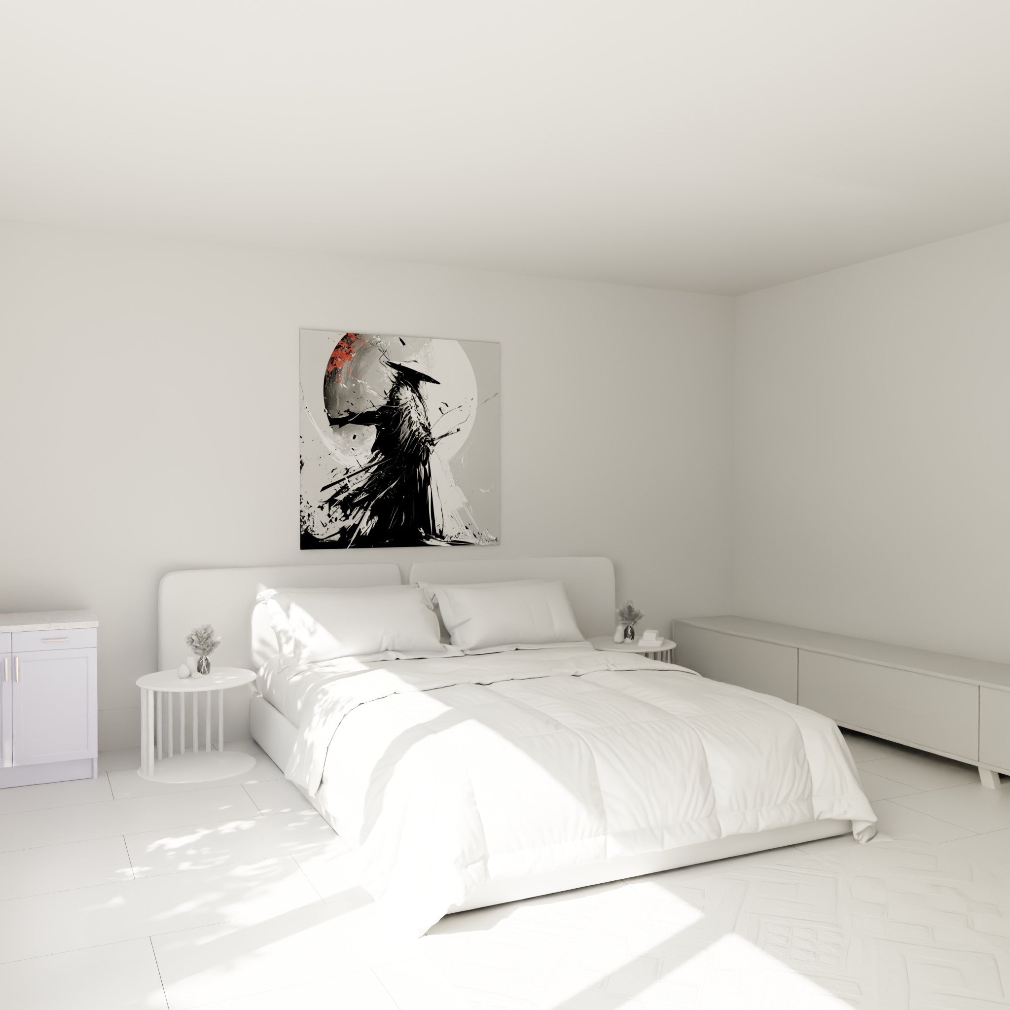Guerrier samouraï anthracite et lune blanche accroché au-dessus d'un lit dans une chambre claire