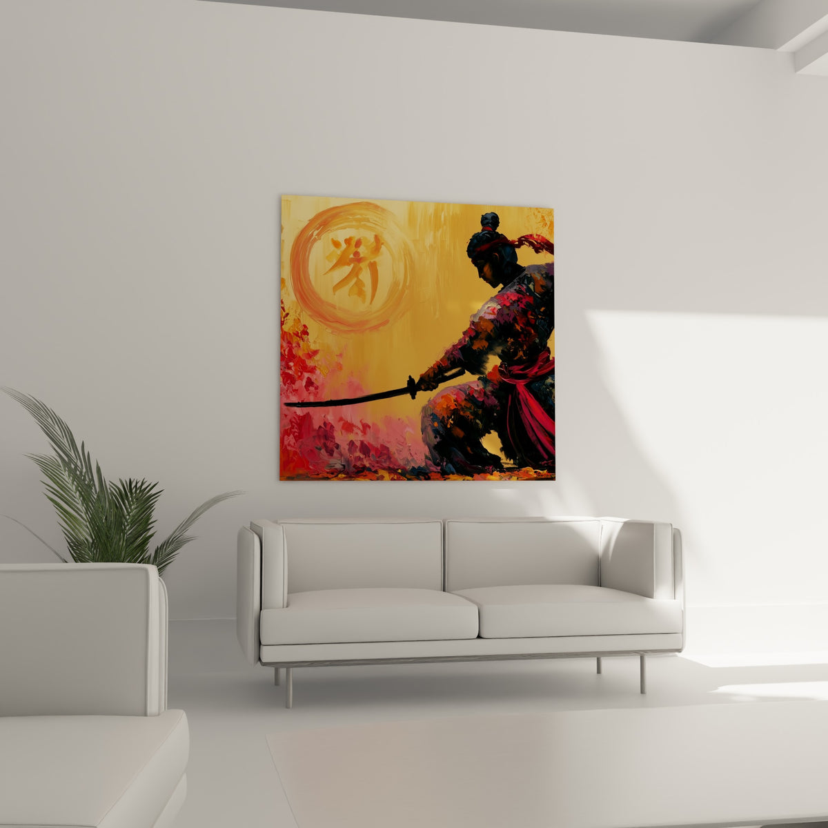 Silhouette anthracite du Samouraï en position de combat, fond doré éclatant, au-dessus d'un canapé dans un salon lumineux