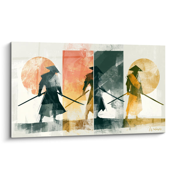 Gemälde Schwarze und Ocker Krieger mit Kegelhut – Vierfache Paneele mit Säbel – Samurai Edition