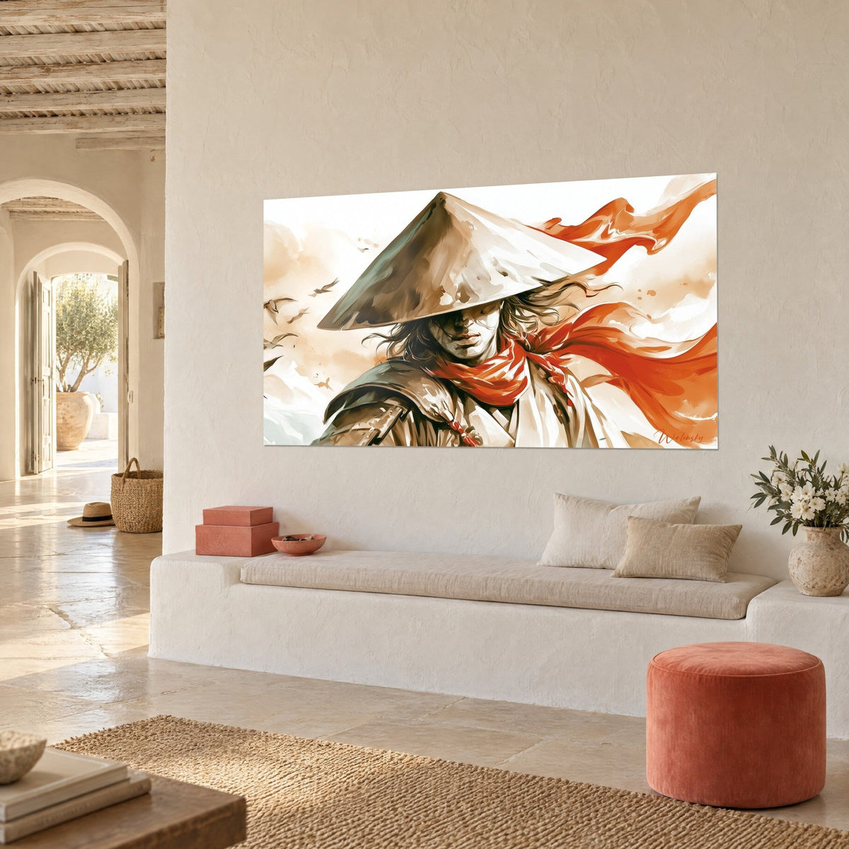 Wall art of a samurai hidden beneath his wide ochre hat, orange scarf torn by the wind, cream wall of a Mediterranean home