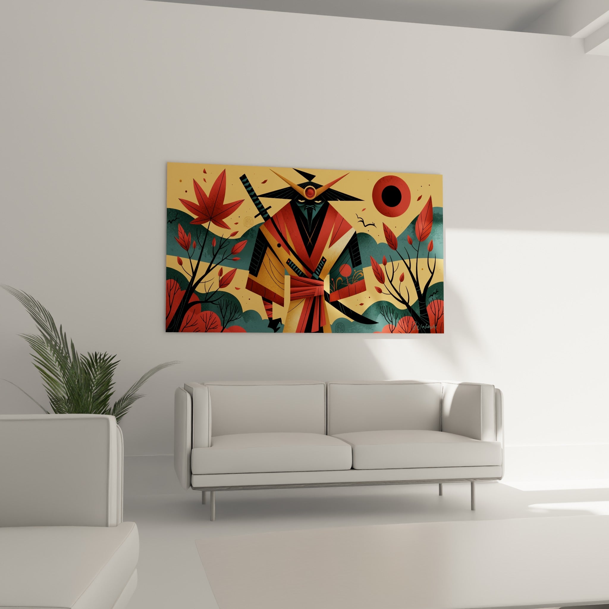 Silhouette de Samouraï anthracite et écarlate sous une lune rouge, au-dessus d'un canapé dans un salon lumineux