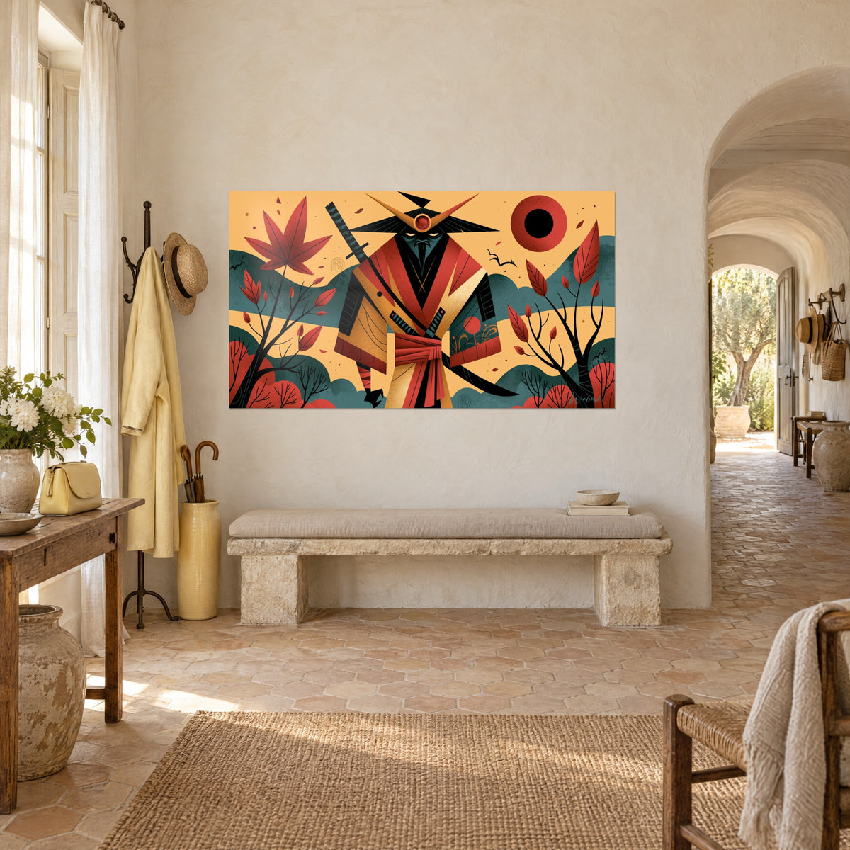 Wall art of a warrior with a sharp horned helmet, ochre background and blue-green hills, on a whitewashed wall of the Provençal farmhouse