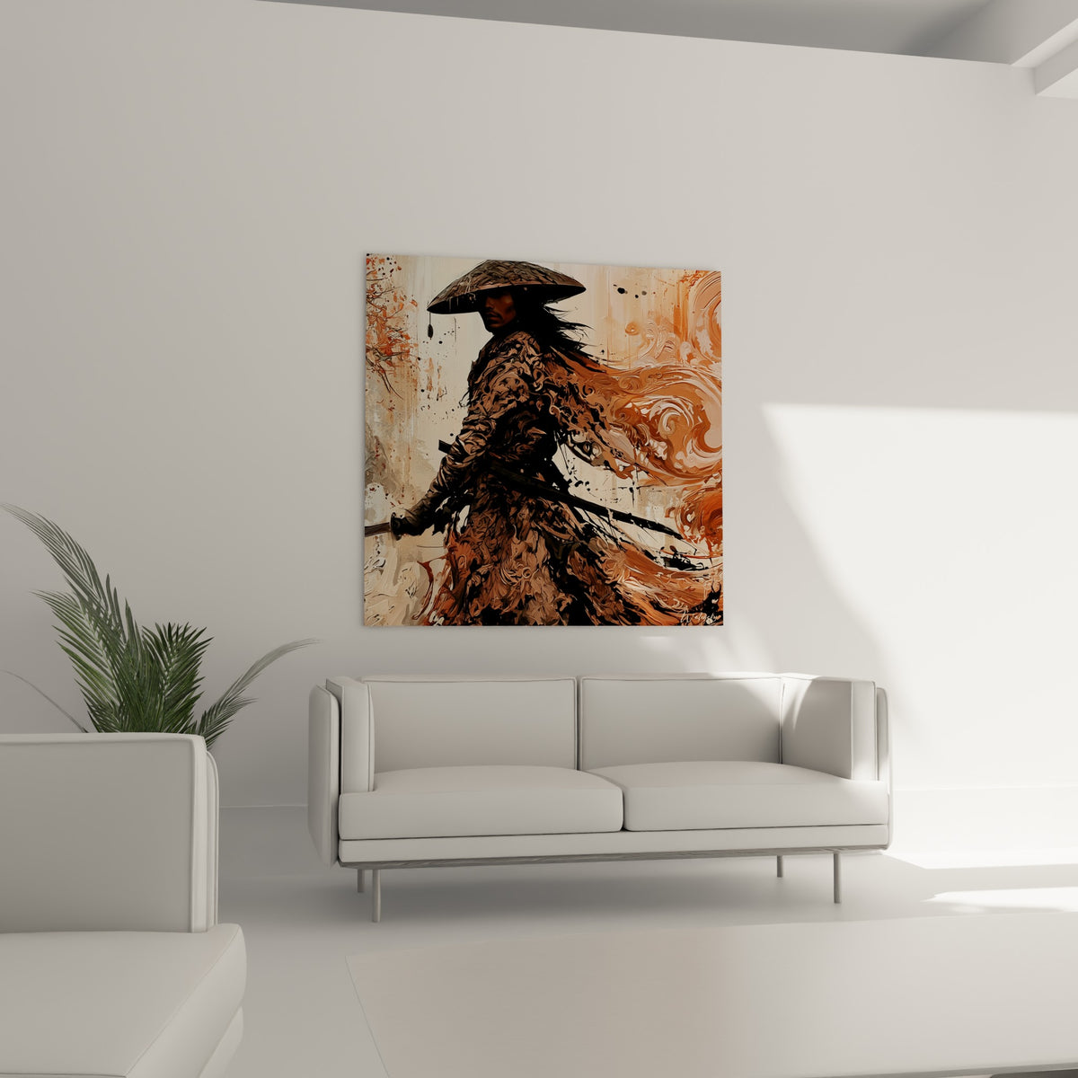 Silhouette anthracite du Samouraï et son katana dégainé au-dessus d'un canapé dans un salon lumineux