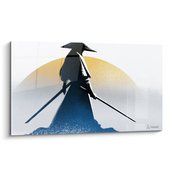 Bild Krieger Kegelhut blau und schwarz dem goldenen Scheibe gegenüber – Zwei gekreuzte Klingen – Samurai Edition