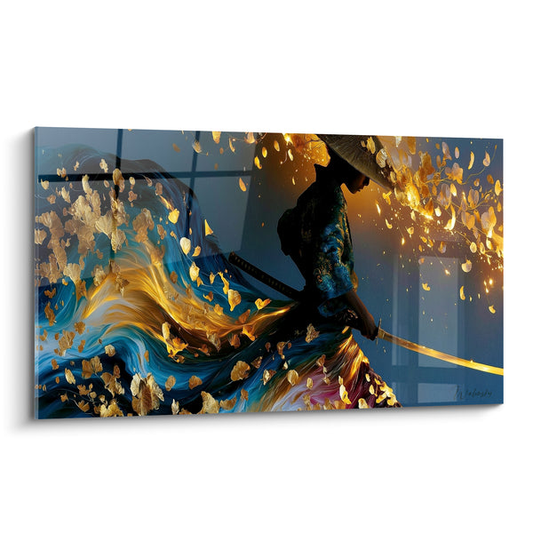 Tableau Guerrier bleu et doré aux feuilles tourbillonnantes - Vague de pétales - Edition Samouraï
