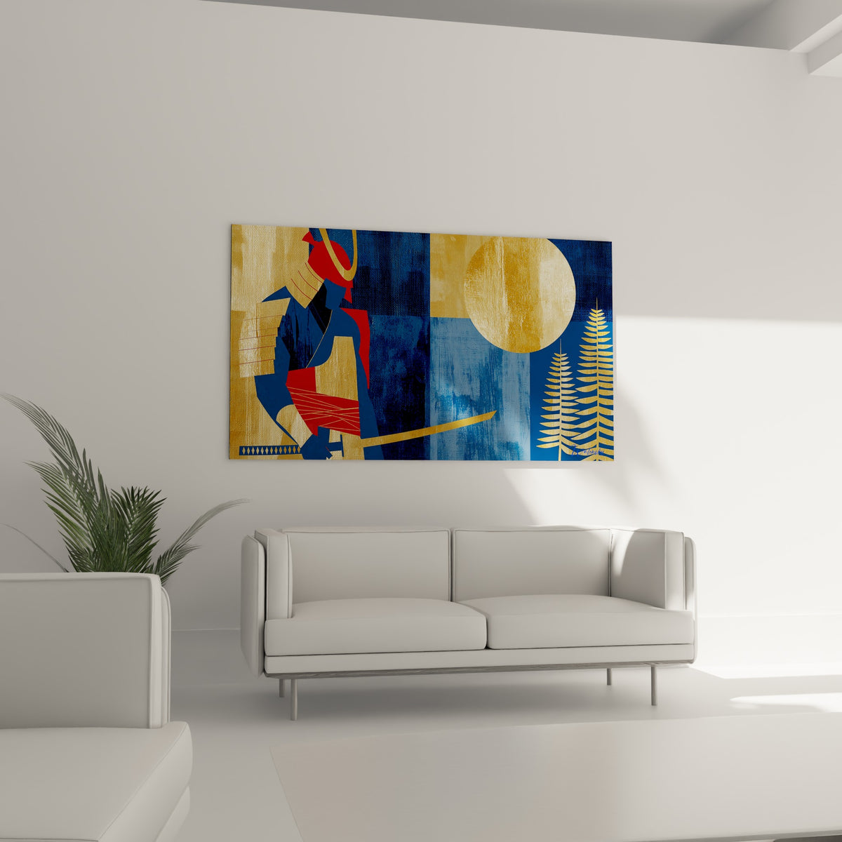 Silhouette du Samouraï en rouge et doré positionnée au-dessus d'un canapé dans un salon lumineux