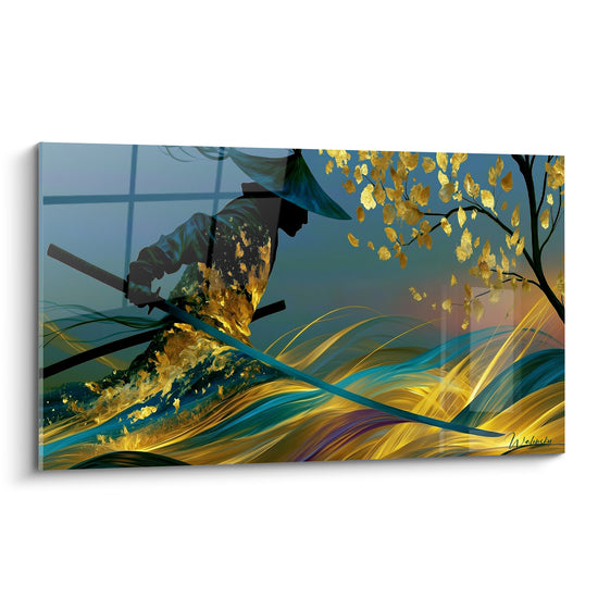 Samouraï anthracite au sabre levé, feuillage doré et herbes turquoise en mouvement