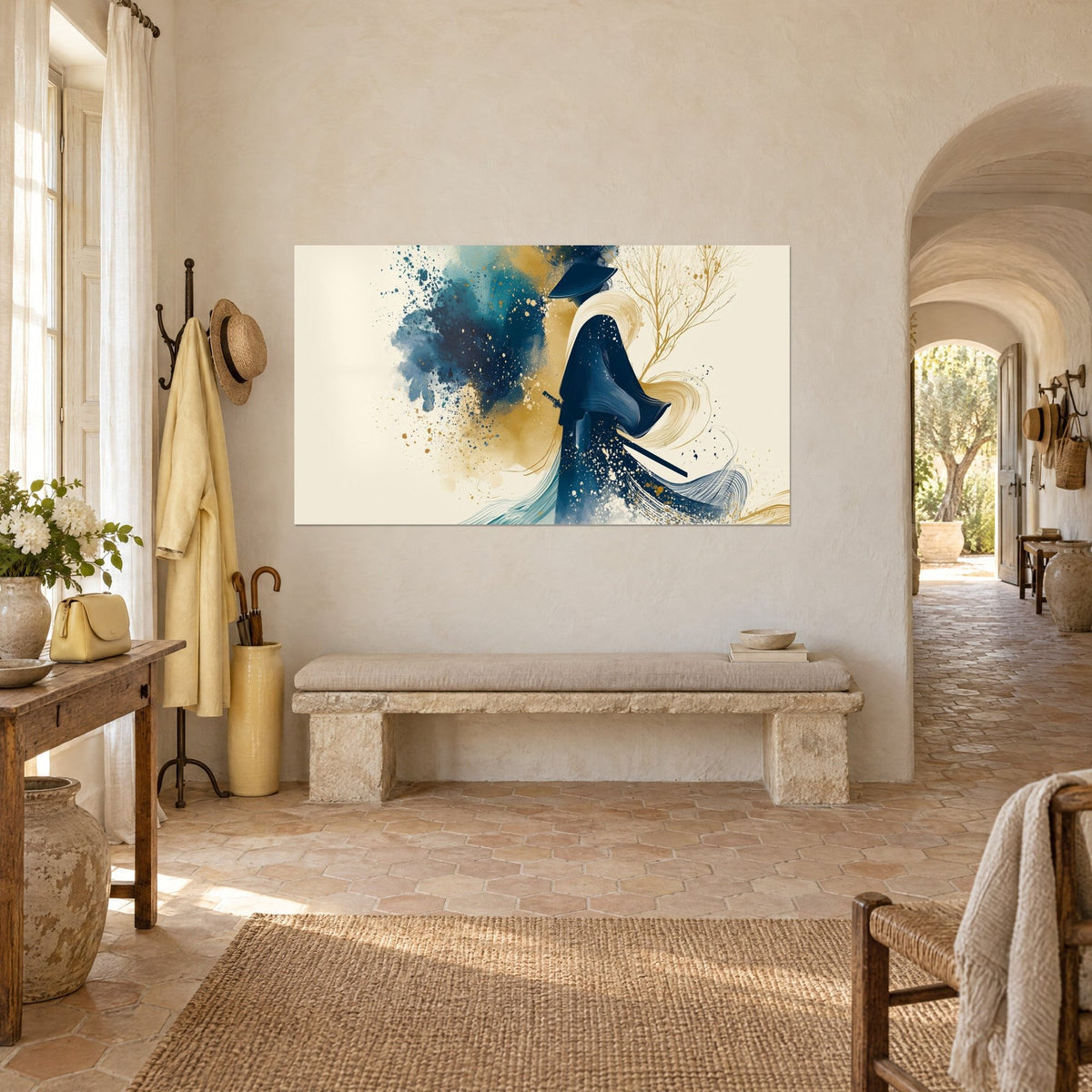 Wall art warrior in profile draped in midnight blue, bare golden tree and turquoise spots, hung in the entrance of a Provençal farmhouse