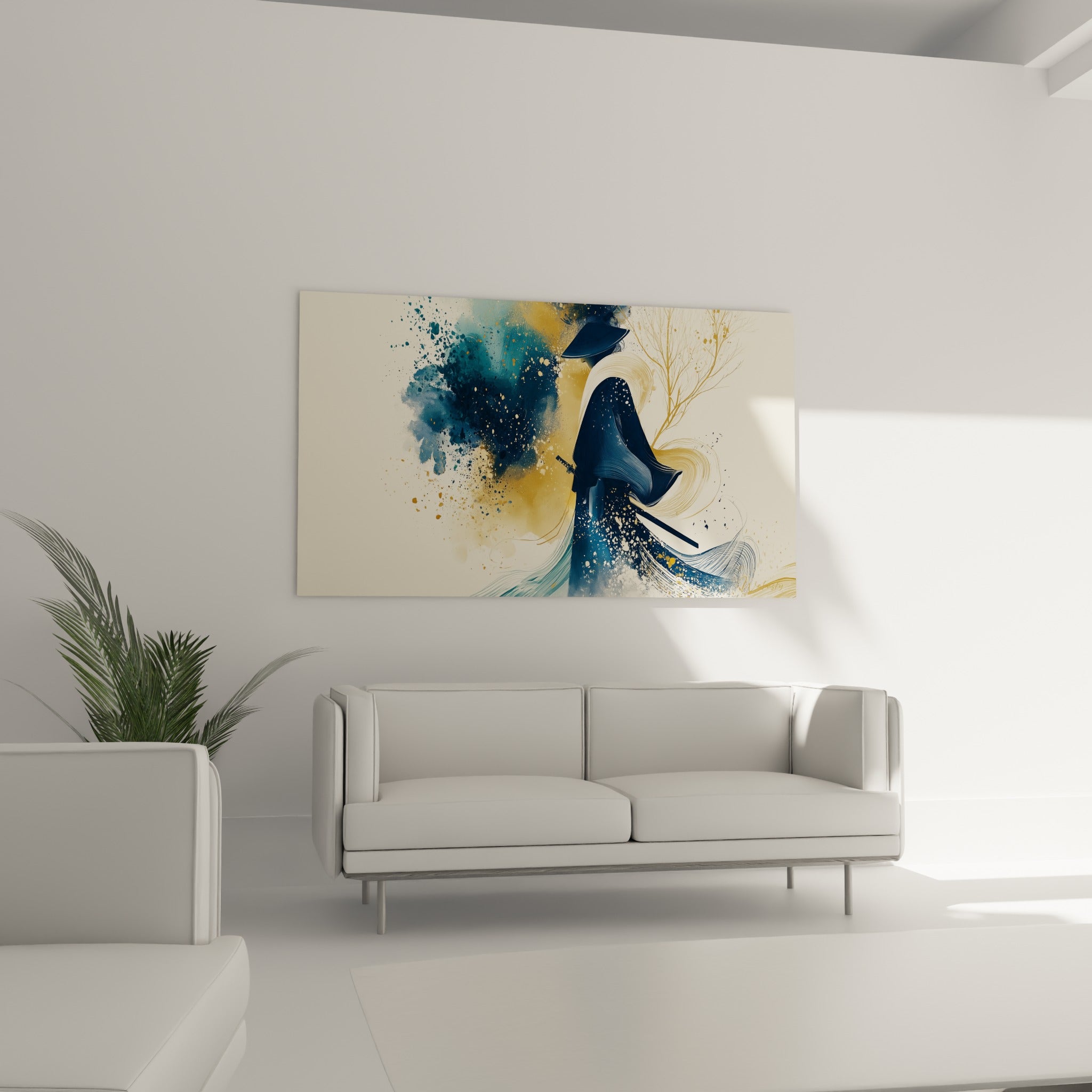 Silhouette de samouraï anthracite et or, manteau flottant, au-dessus d'un canapé dans un salon lumineux