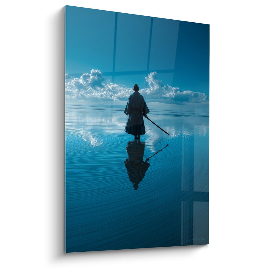 Tableau Samouraï Silhouette sur Eaux Bleues Miroir - Méditation Aquatique - Edition Feng shui Nord Eau