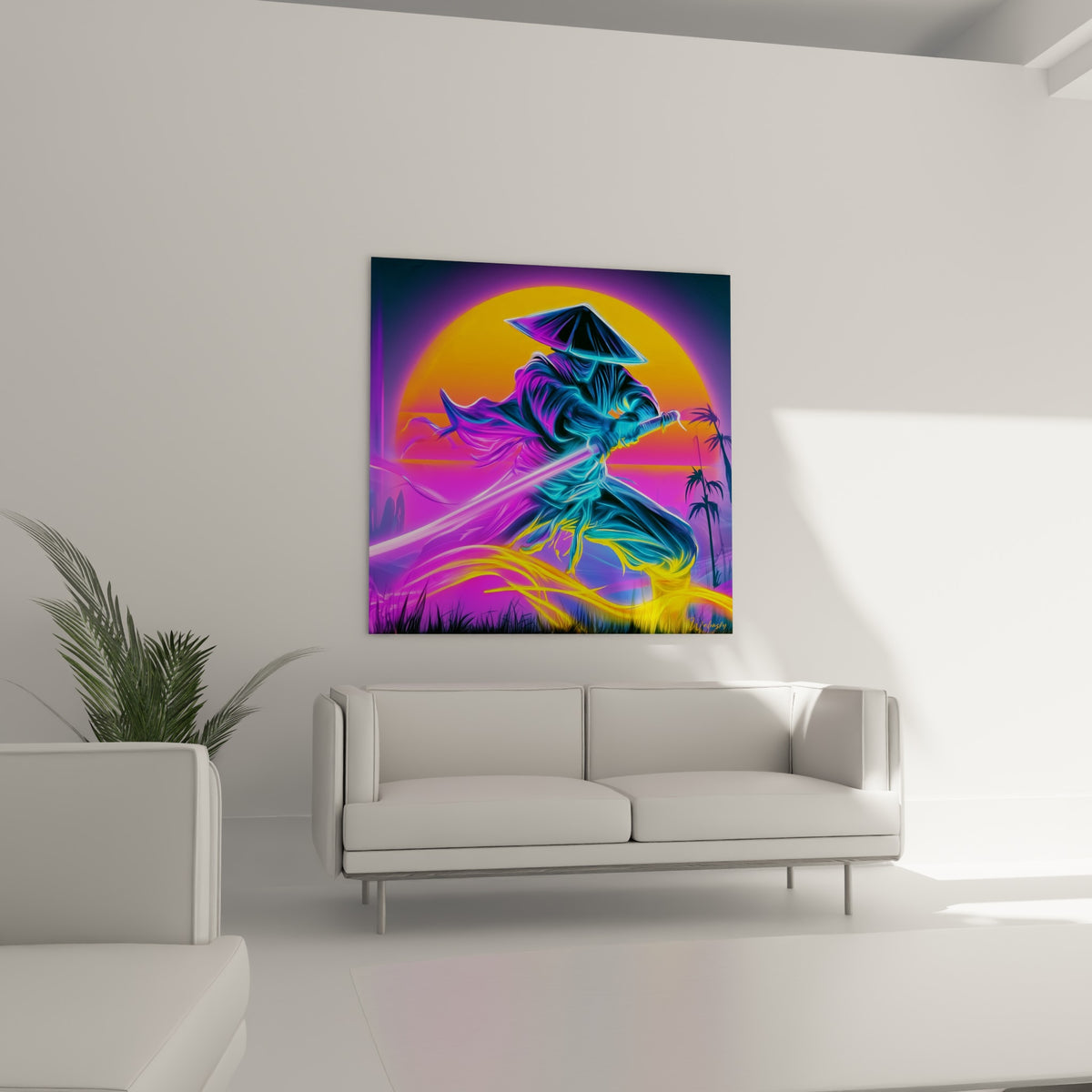 Silhouette violette du samouraï en mouvement, sabre rose tendu, au-dessus d'un canapé dans un salon lumineux
