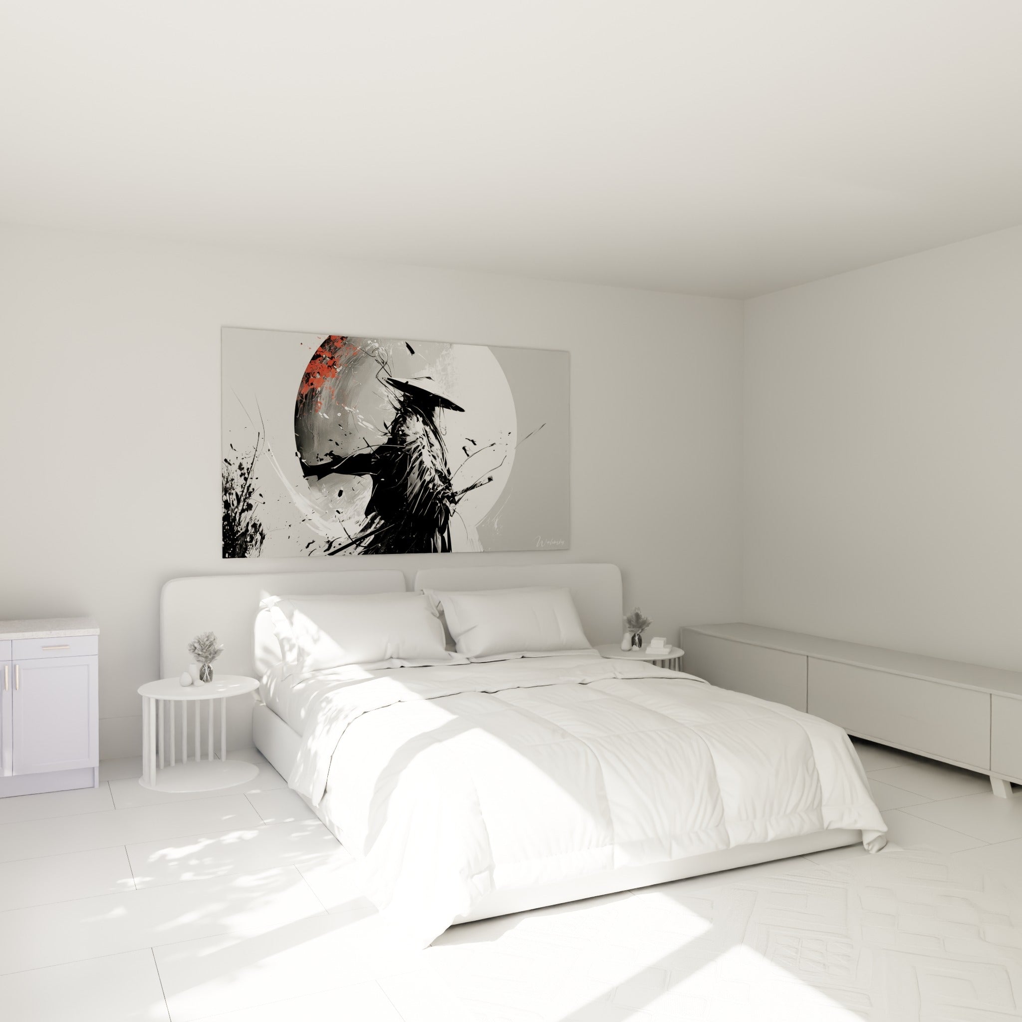 Guerrier japonais noir et gris se détachant sur une lune blanche, au-dessus d'un lit dans une chambre claire