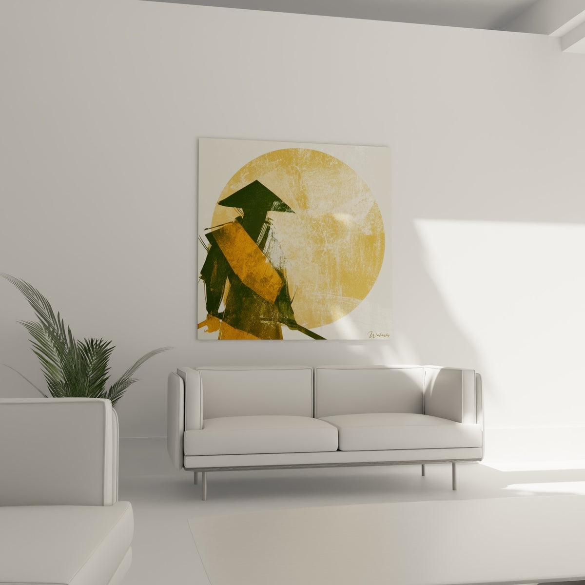 Silhouette du samouraï ocre et anthracite face au soleil doré, au-dessus d'un canapé dans un salon lumineux