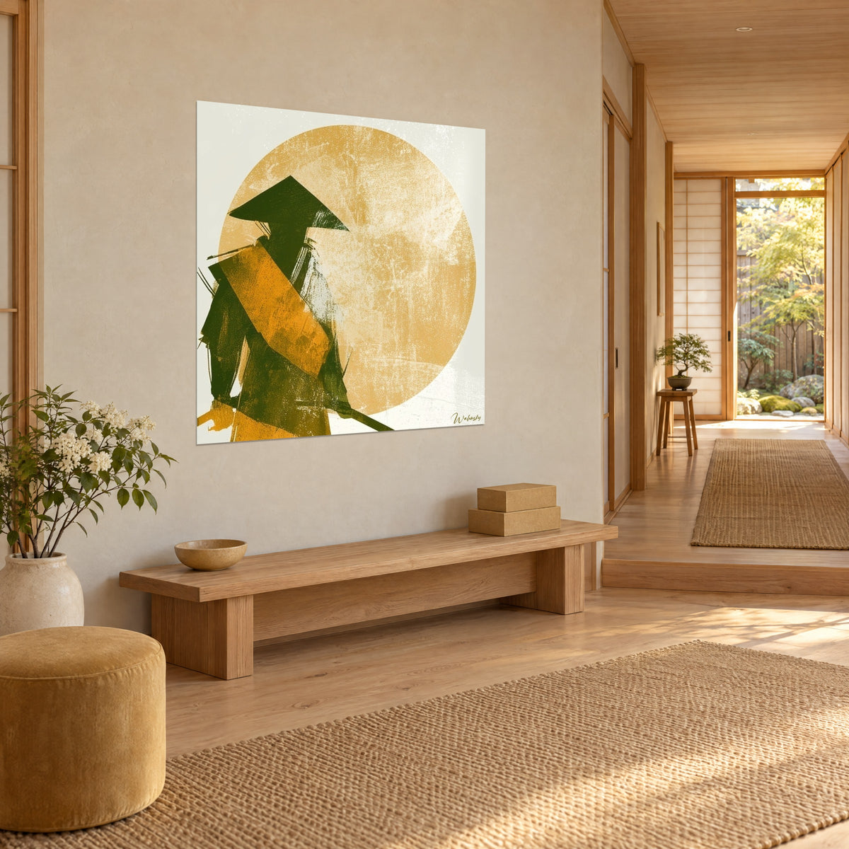 Tableau guerrier coiffé d'un chapeau de paille, silhouette anthracite sur un soleil jaune moutarde, vue de trois quarts, maison japandi