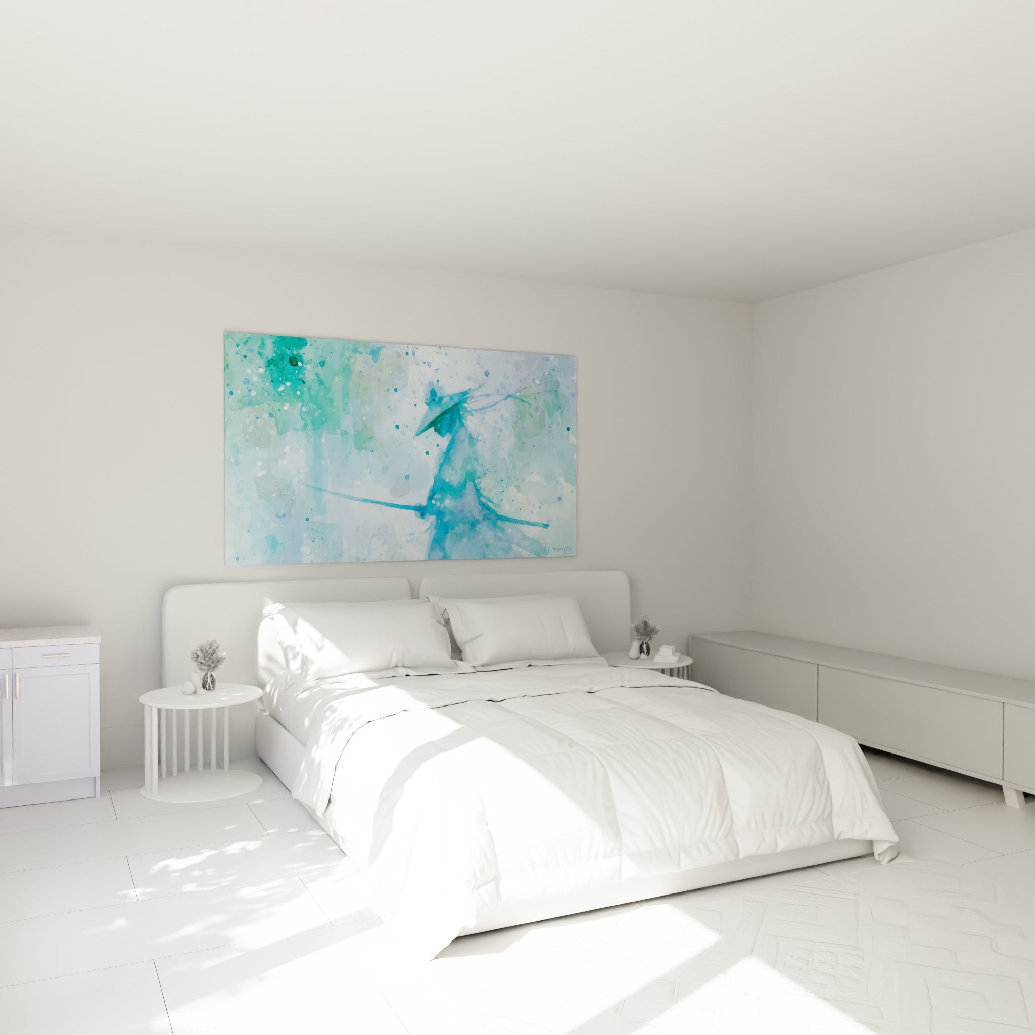 Guerrier samouraï bleu pastel et vert sauge, katana à la main, au-dessus d'un lit dans une chambre claire