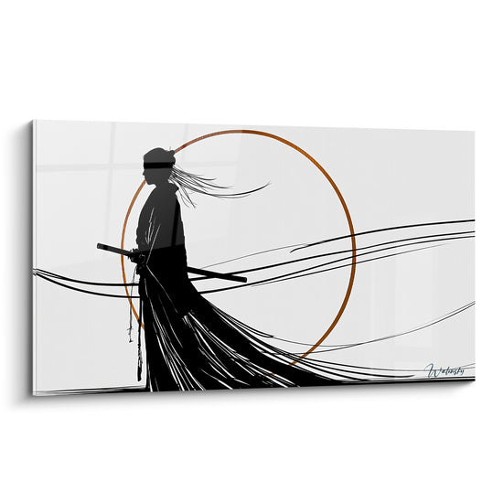 Samouraï en silhouette noire, robe déployée par le vent devant un cercle cuivré graphique