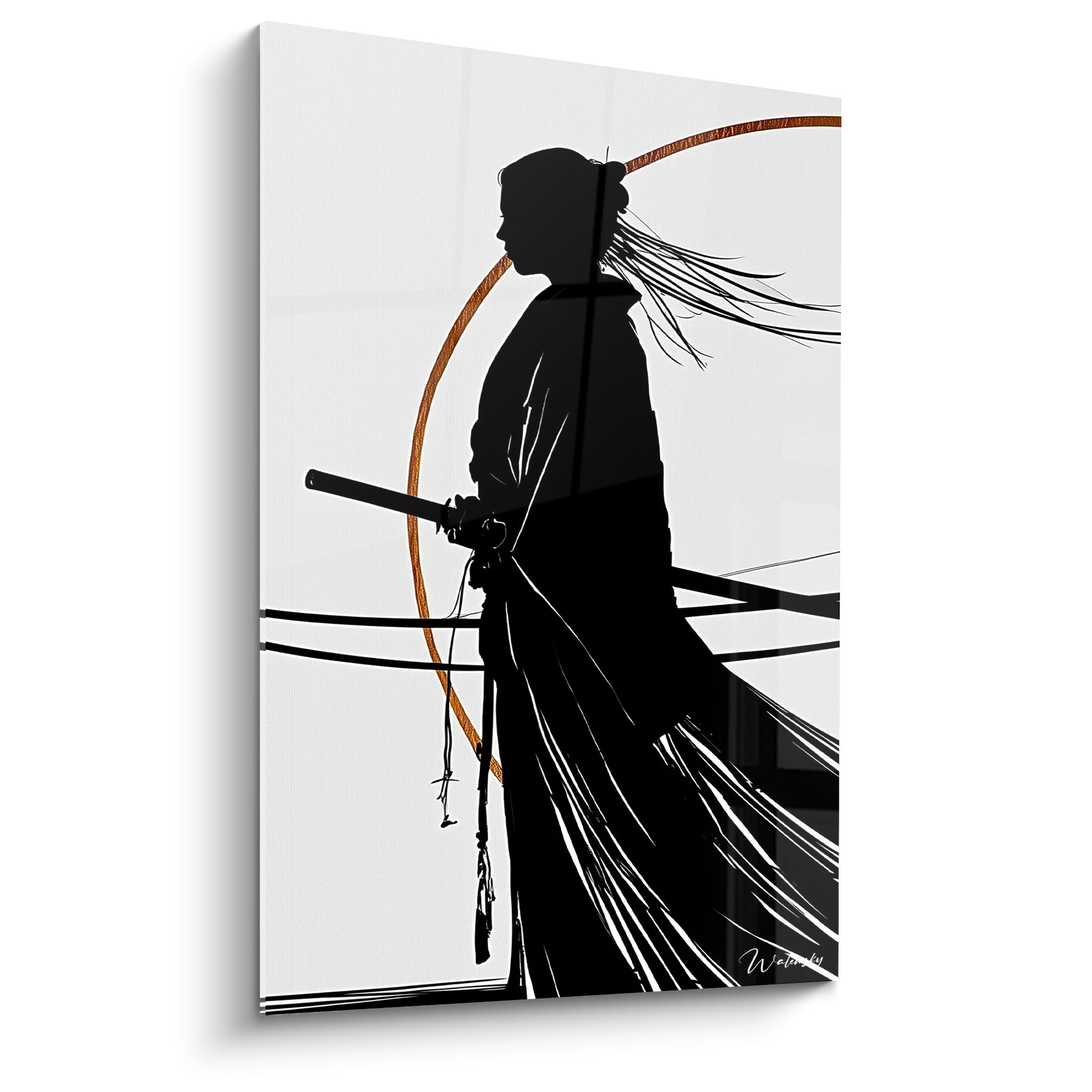 Samouraï en silhouette noire, cheveux au vent, cercle ocre derrière, katana à la ceinture